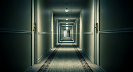 Long Empty Corridor with Soft Lighting and Strong Perspectiveの素材