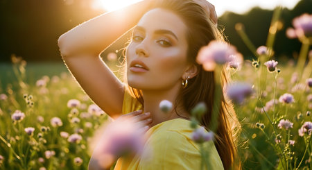 Beautiful young woman in a field of flowers. Beauty, fashion.の素材