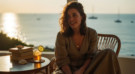Beautiful young woman sitting on the terrace of a restaurant and drinking teaの素材