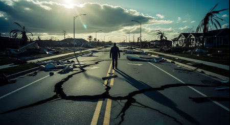 A man is standing in the middle of a broken road at sunsetの素材
