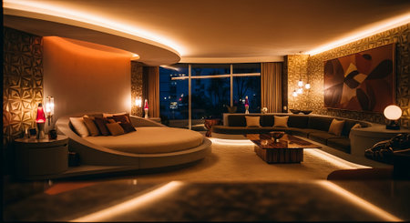 Interior of a hotel room with a view of the pool.の素材