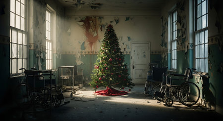 Abandoned room with a Christmas tree. 3D rendering.の素材