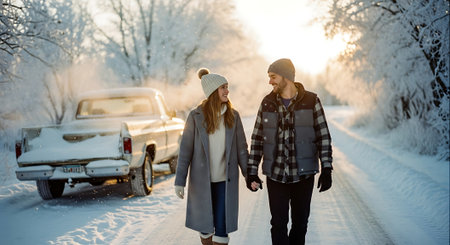 Young couple walking on the road in winter. Man and woman walking in the snowの素材