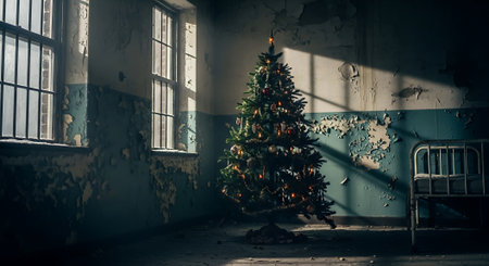Christmas tree in an old abandoned house. Christmas and New Year conceptの素材