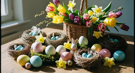 Easter eggs in basket with tulips and daffodilsの素材