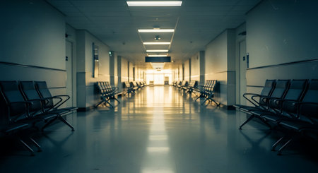 Interior of a hospital corridor, with rows of empty chairs.の素材