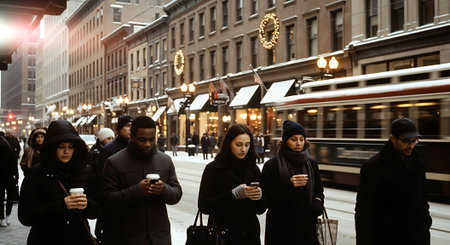 Coffee break in the city. Group of young people drinking coffee on the street.の素材