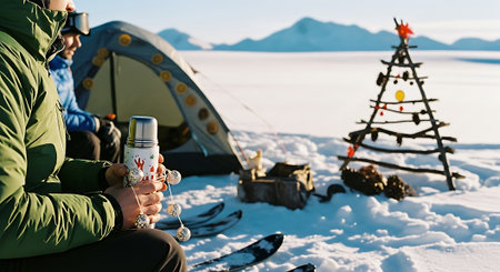 Couple of hikers sitting on snow and drinking tea in winter campingの素材