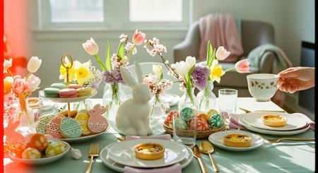 Easter table setting with tulips, macaroons and cookiesの素材