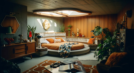 Interior of modern living room with wooden furniture, carpet and plantsの素材