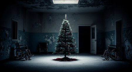 Conceptual image with christmas tree and wheelchair in empty roomの素材