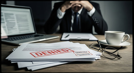 Businessman sitting at desk and reading a document with the word deniedの素材