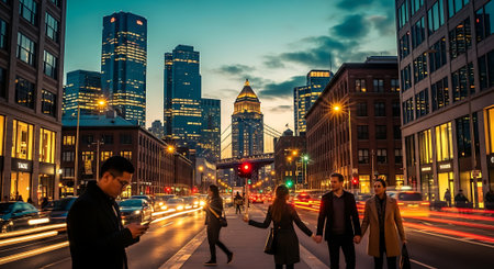 Unidentified people walking in Chicago downtown at dusk.の素材