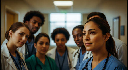 Portrait of confident female doctor looking at camera with colleagues in background at hospitalの素材