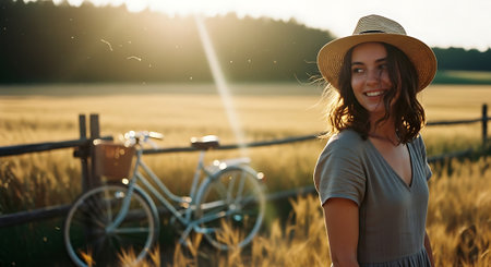 Beautiful young woman in hat and dress standing in wheat field at sunsetの素材