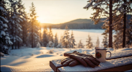 Mug of hot drink and mittens on the background of winter landscape.の素材