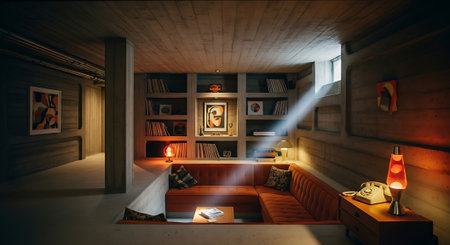 Interior of a wooden house with a fireplace and a bookcaseの素材