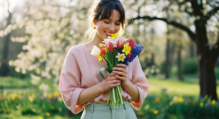 Beautiful young woman holding a bouquet of spring flowers in the garden.の素材