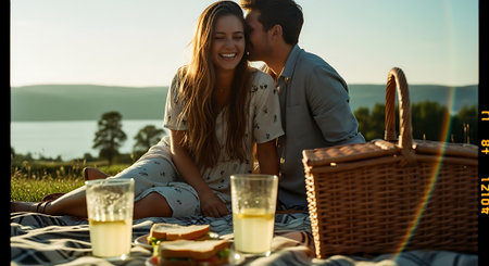Romantic couple having picnic on the lake in the countryside. Focus on womanの素材