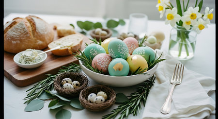 Easter table setting with colorful eggs and spring flowers. Selective focus.の素材