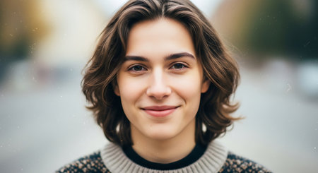 Portrait of a beautiful young brunette woman on the street.の素材