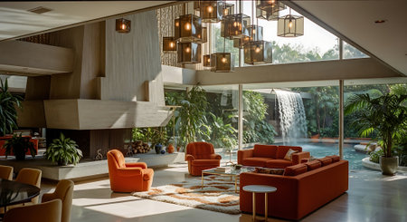 Modern living room with orange armchairs and a waterfall in the backgroundの素材