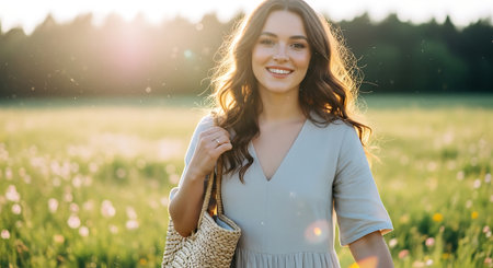 Beautiful young woman walking in the field with a bag in her handsの素材