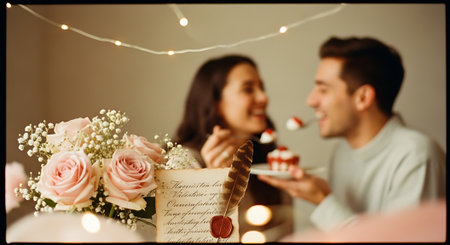 Couple celebrating Valentine's Day with cake and candles. Focus on cakeの素材