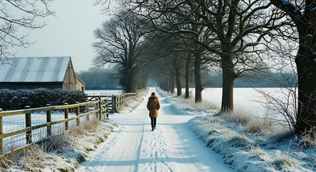 A woman walking on a winter road through the countryside in the Netherlandsの素材