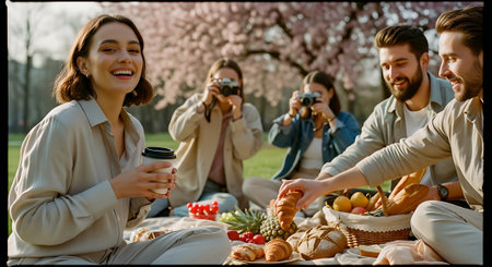 happy friends having picnic in park with croissants, fruits and coffeeの素材