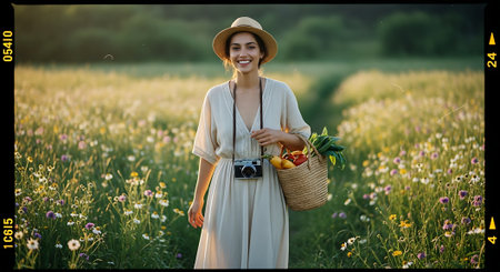 Beautiful girl in a hat with a basket of fresh fruits in the fieldの素材