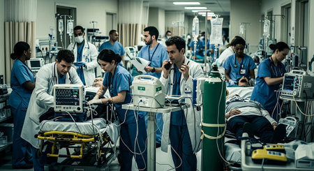 Team of doctors and nurses working in the emergency room of a hospitalの素材