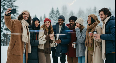 multiethnic friends taking selfie with smartphone in winter park, panoramaの素材