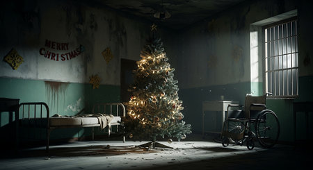 Abandoned room with a Christmas tree. 3D rendering.の素材