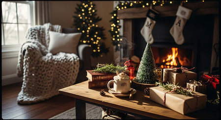 Cozy cozy living room with christmas tree, presents and fireplaceの素材