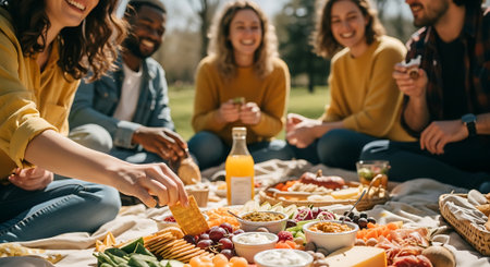 cropped shot of multiethnic friends having picnic together in parkの素材