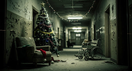Abandoned room with a Christmas tree and a wheelchair in the middleの素材