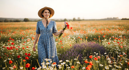 Beautiful young woman in blue dress and hat walking in poppy fieldの素材