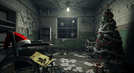3d render of an empty room with a wheelchair and christmas treeの素材