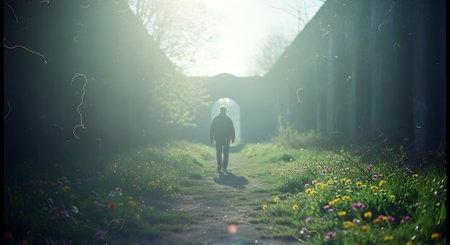 Man walking in a field of flowers at the end of the tunnelの素材
