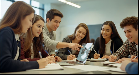 education, technology and people concept - group of smiling students with tablet pc computers having discussion in classroomの素材