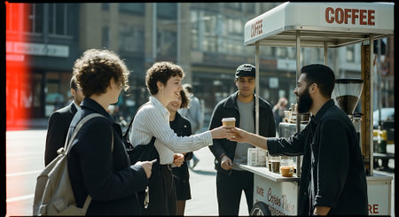 Street food vendor serving coffee to a young couple in the city.の素材