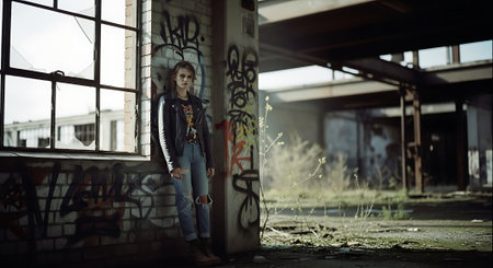 Brunette girl in jeans and jacket posing in an abandoned buildingの素材