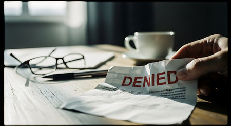Man reading a newspaper on a wooden table with glasses and a cup of coffeeの素材