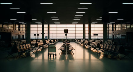 Empty airport terminal interior with rows of chairs and large windows. 3d renderingの素材