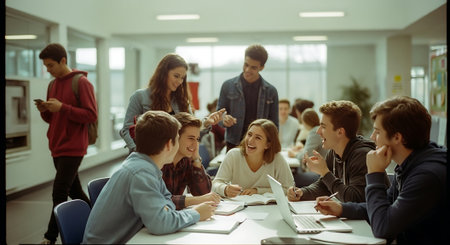 group of students with laptop and tablet computers having discussion in university classroomの素材