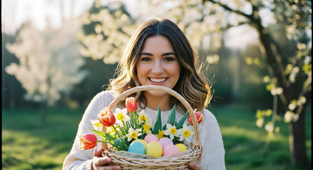 happy young woman holding basket with tulips and easter eggs in blooming gardenの素材