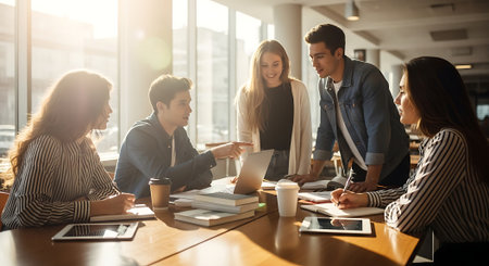 Group of young business people working and communicating together in modern office.の素材