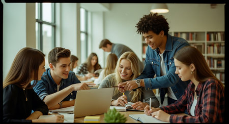 Multiethnic group of students studying together in a university library.の素材