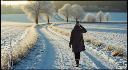 Young woman in winter coat walking on snowy road through frosty fieldの素材